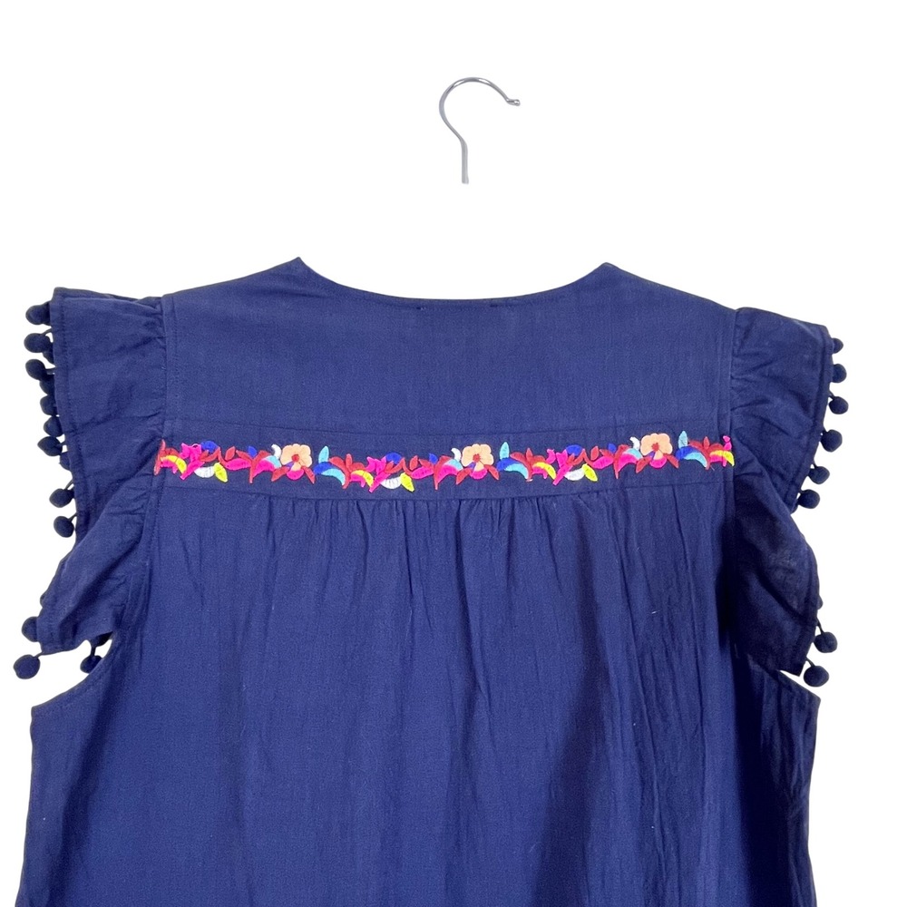 Kirundo Navy Blue Embroidered Pom Pom Ruffle Hem Boho Tunic Dress Medium (C730) - Picture 4 of 8